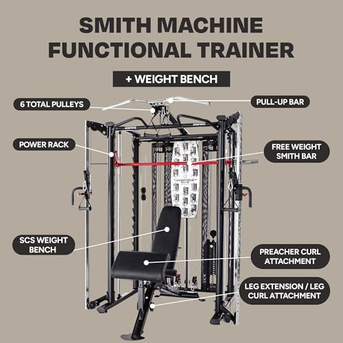 Inspire Fitness SCS Smith System Fully Loaded with Bench and Attachments - Functional Trainer Home Gym with Smith Machine, Bench, Preacher Curl Attachment, and Leg Extension/Leg Curl Attachment