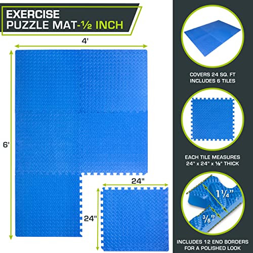 ProsourceFit Exercise Puzzle Mat ½ inch, 24 SQ FT, 6 Tiles, EVA Foam Interlocking Tiles, Protective and Cushion Flooring for Gym Equipment, Exercise and Play Area, Blue