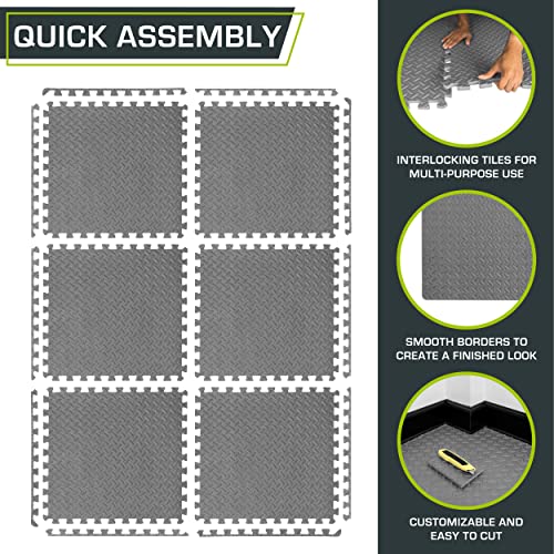 ProsourceFit Exercise Puzzle Mat ½ inch, 24 SQ FT, 6 Tiles, EVA Foam Interlocking Tiles Protective and Cushion Flooring for Gym Equipment, Exercise and Play Area, Grey