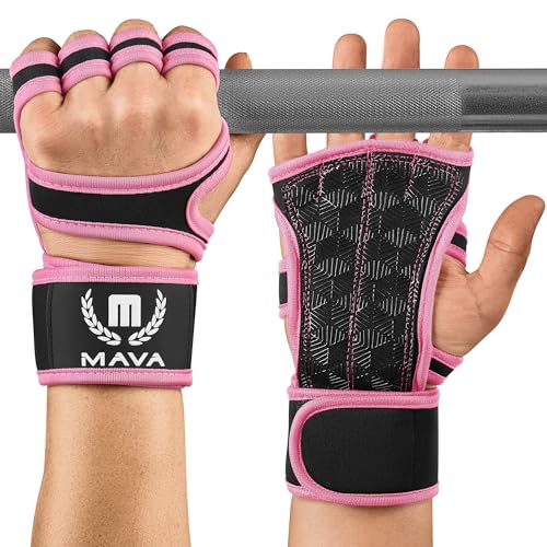 Mava Sports Hand Grips Gloves with Strong Hook and Loop Wrist Support for Cross Training, Intense Workouts, HIITS, Sports – Strong Leather Grip, Wrist Grip, WOD Gloves – Palm Protector, Pink, Pair..