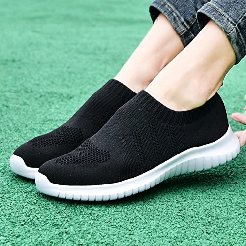 konhill Women's Walking Tennis Shoes - Lightweight Athletic Casual Gym Slip on Sneakers 12 US Black