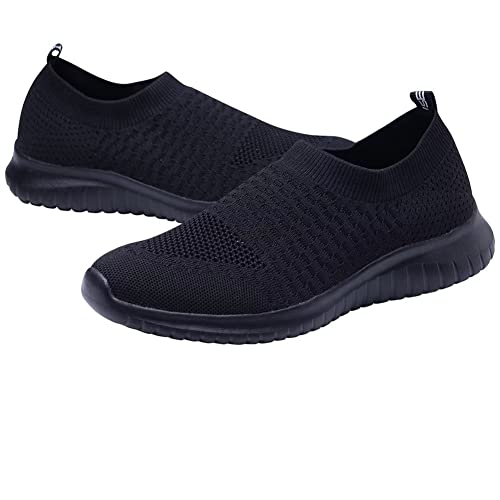 konhill Women's Walking Tennis Shoes - Lightweight Athletic Casual Gym Slip on Sneakers 11 US All Black