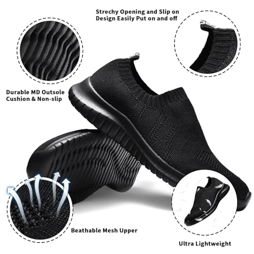 konhill Women's Walking Tennis Shoes - Lightweight Athletic Casual Gym Slip on Sneakers 9.5 US All Black, Label 41