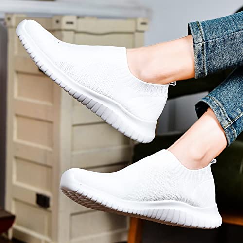 konhill Women's Walking Tennis Shoes - Lightweight Athletic Casual Gym Slip on Sneakers 9.5 US White
