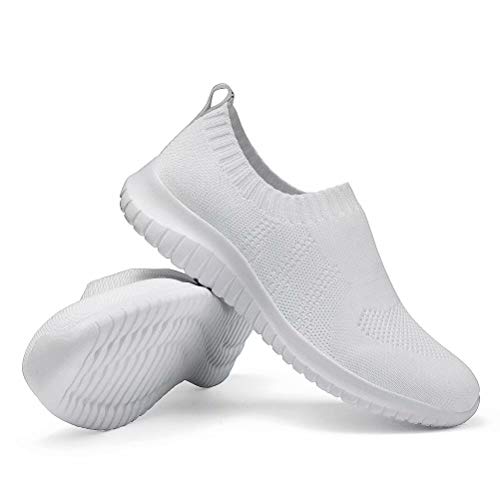 konhill Women's Walking Tennis Shoes - Lightweight Athletic Casual Gym Slip on Sneakers 9.5 US White