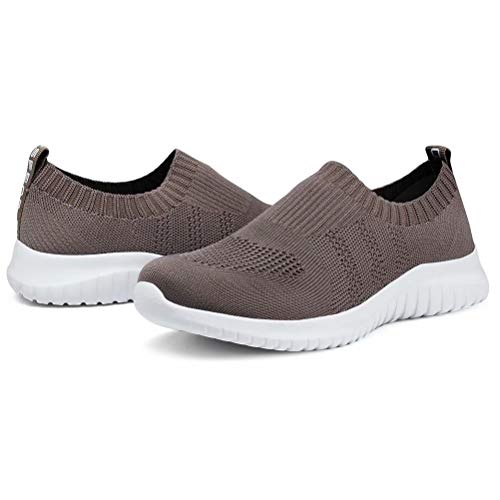 konhill Women's Walking Tennis Shoes - Lightweight Athletic Casual Gym Slip on Sneakers 10 US Brown