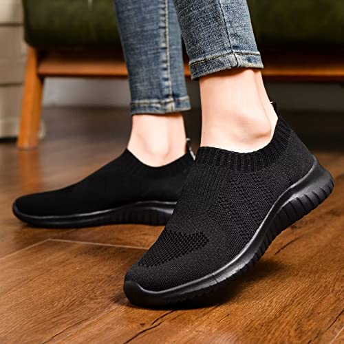 konhill Women's Walking Tennis Shoes - Lightweight Athletic Casual Gym Slip on Sneakers 5 US All Black, Label 35