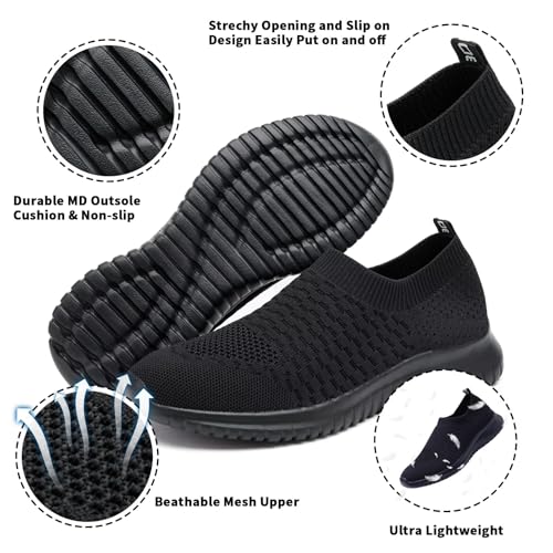 konhill Women's Walking Tennis Shoes - Lightweight Athletic Casual Gym Slip on Sneakers 5 US All Black,35