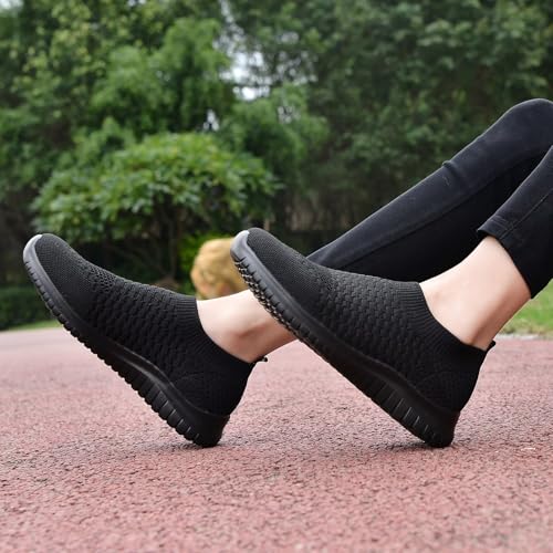 konhill Women's Walking Tennis Shoes - Lightweight Athletic Casual Gym Slip on Sneakers 5 US All Black,35