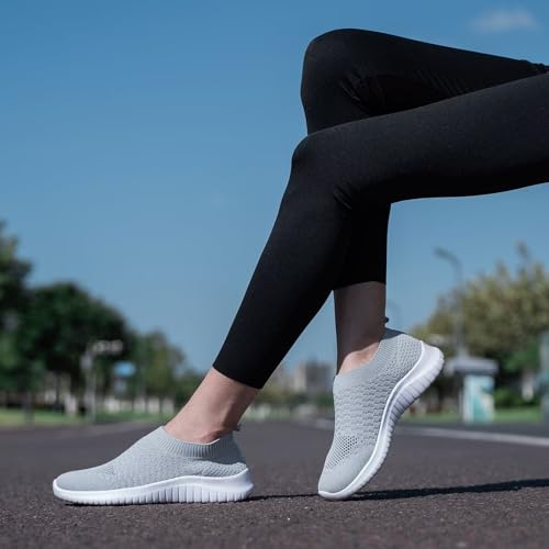 konhill Women's Walking Tennis Shoes - Lightweight Athletic Casual Gym Slip on Sneakers 5 US L.Gray
