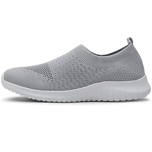 konhill Women's Walking Tennis Shoes - Lightweight Athletic Casual Gym Slip on Sneakers 5 US L.Gray
