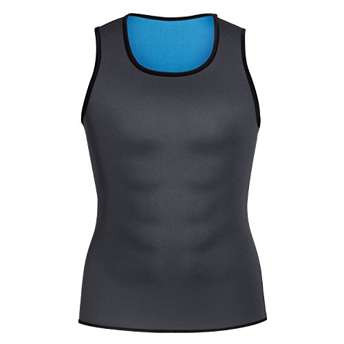 Men Waist Trainer Corset Vest Hot Neoprene Body Shaper Tank Top Sauna Suit Shirt No Zip Trimmer (2XL, Black and Bule Inner Sauna Sweat Suits)