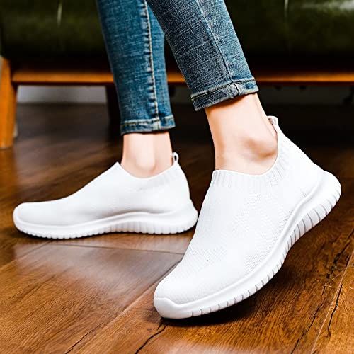 konhill Women's Walking Tennis Shoes - Lightweight Athletic Casual Gym Slip on Sneakers 7.5 US White