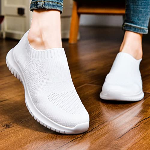 konhill Women's Walking Tennis Shoes - Lightweight Athletic Casual Gym Slip on Sneakers 7.5 US White