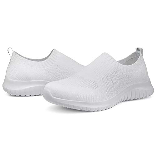konhill Women's Walking Tennis Shoes - Lightweight Athletic Casual Gym Slip on Sneakers 7.5 US White