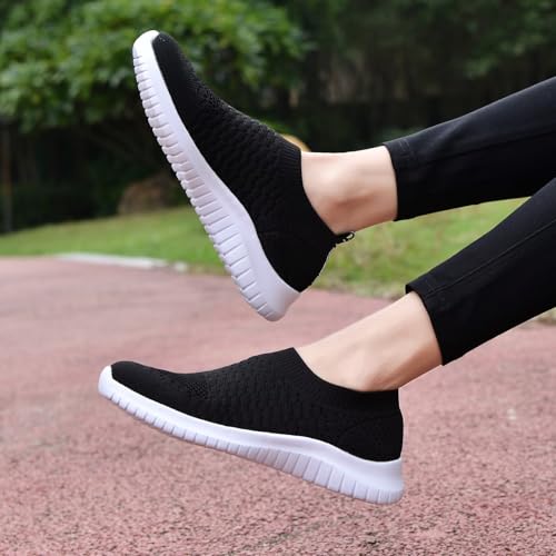 konhill Women's Walking Tennis Shoes - Lightweight Athletic Casual Gym Slip on Sneakers 7.5 US Black