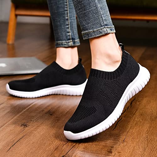konhill Women's Walking Tennis Shoes - Lightweight Athletic Casual Gym Slip on Sneakers 9.5 US Black
