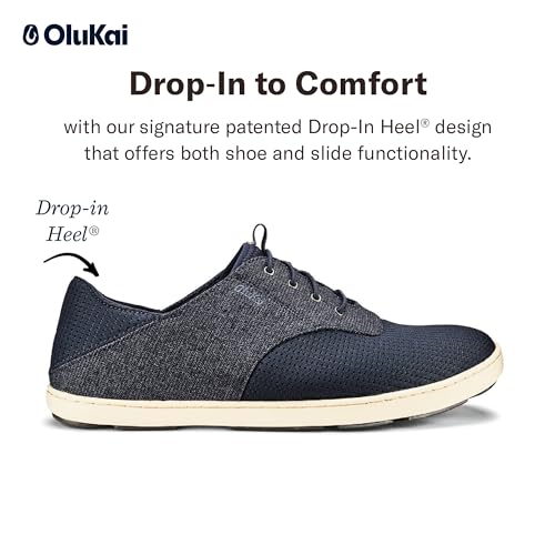 OLUKAI Nohea Moku Men's Boat Shoes, No Tie Laces & Stretch Construction, Breathable Mesh & All Weather Rubber Soles, Night/Night, 9.5