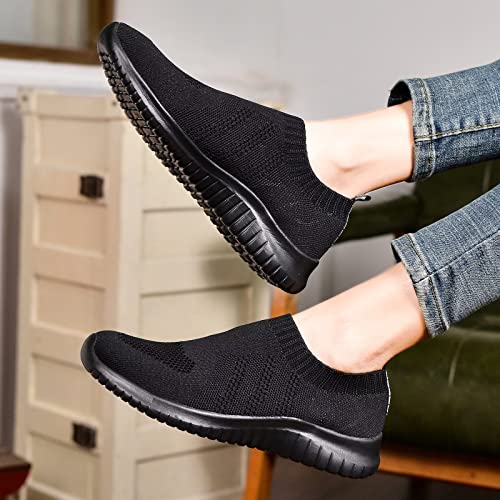 konhill Women's Walking Tennis Shoes - Lightweight Athletic Casual Gym Slip on Sneakers 6.5 US All Black, Label 37