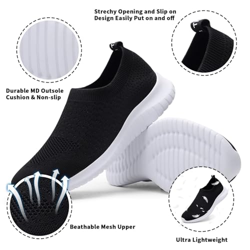 konhill Women's Walking Tennis Shoes - Lightweight Athletic Casual Gym Slip on Sneakers 6 US Black