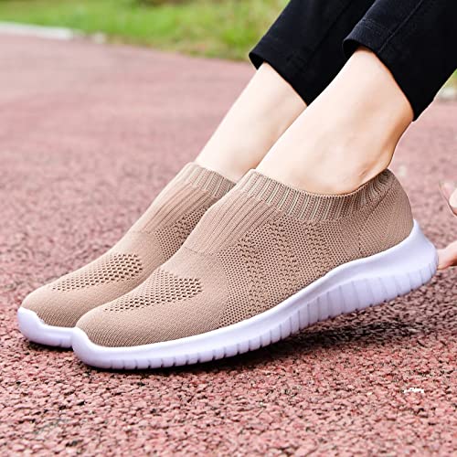 konhill Women's Walking Tennis Shoes - Lightweight Athletic Casual Gym Slip on Sneakers 9.5 US Apricot
