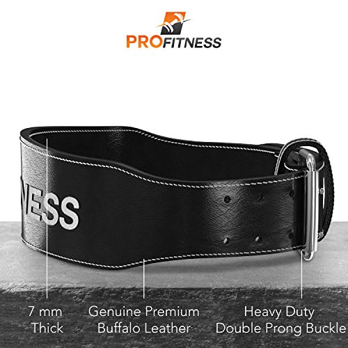 ProFitness Geniune Leather Weight Lifting Belt for Men and Women Durable Comforable & Adjusable with Buckle - Stabiling Lower Back Suport for Weightlifing Squats (Black/White, Medium)