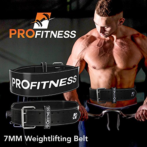 ProFitness Geniune Leather Weight Lifting Belt for Men and Women Durable Comforable & Adjusable with Buckle - Stabiling Lower Back Suport for Weightlifing Squats (Black/White, Medium)