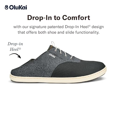 OLUKAI Nohea Moku Men's Boat Shoes, No Tie Laces & Stretch Construction, Breathable Mesh & All Weather Rubber Soles, Dk Shadow/Dk Shadow, 12