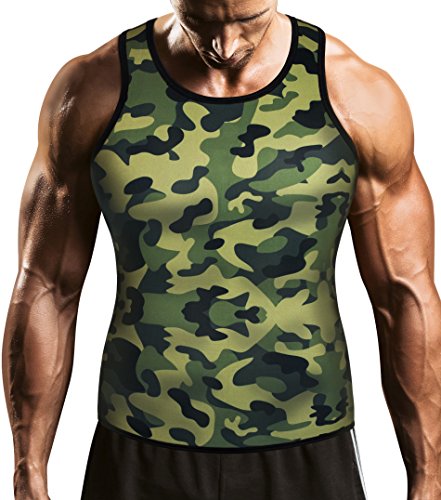 Men Waist Trainer Corset Vest for Weight Loss Hot Neoprene Body Shaper Tank Top Sauna Suit Shirt No Zip Trimmer (3XL, Khaki Camo and Black Inner Sauna Sweat Suits)