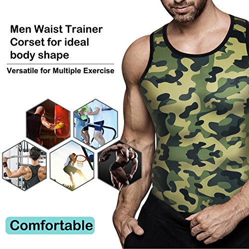 Men Waist Trainer Corset Vest for Weight Loss Hot Neoprene Body Shaper Tank Top Sauna Suit Shirt No Zip Trimmer (2XL, Khaki Camo and Black Inner Sauna Sweat Suits)