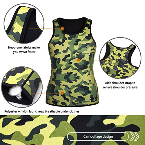 Men Waist Trainer Corset Vest for Weight Loss Hot Neoprene Body Shaper Tank Top Sauna Suit Shirt No Zip Trimmer (XL, Khaki Camo and Black Inner Sauna Sweat Suits)