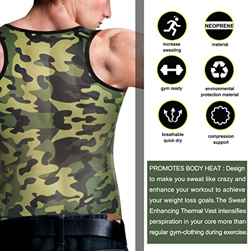 Men Waist Trainer Corset Vest for Weight Loss Hot Neoprene Body Shaper Tank Top Sauna Suit Shirt No Zip Trimmer (XL, Khaki Camo and Black Inner Sauna Sweat Suits)