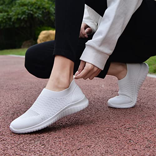 konhill Women's Walking Tennis Shoes - Lightweight Athletic Casual Gym Slip on Sneakers 7.5 US White