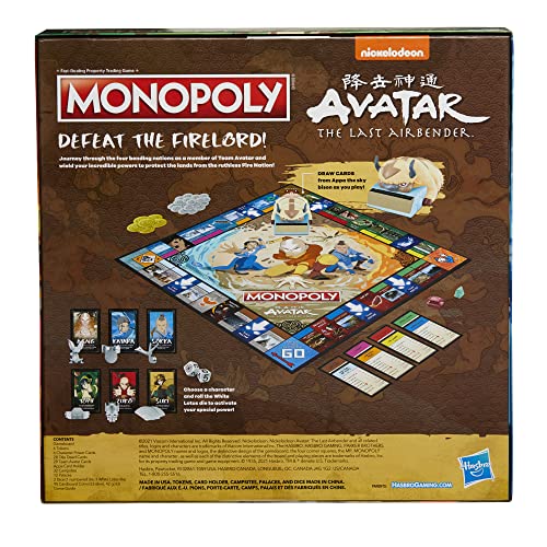 Hasbro Gaming Monopoly: Avatar: Nickelodeon The Last Airbender Edition Board Game for Kids Ages 8 and Up, Play as a Member of Team Avatar (Amazon Exclusive)