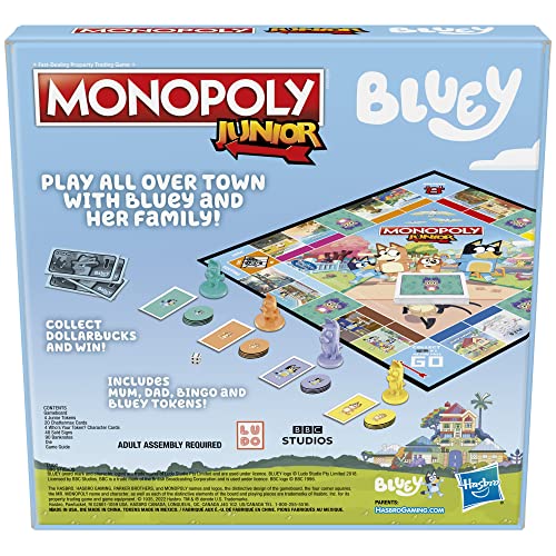 Hasbro Gaming Monopoly Junior: Bluey Edition Board Game for Kids Ages 5+, Play as Bluey, Bingo, Mum, and Dad, Features Artwork from The Animated Series (Amazon Exclusive)