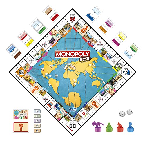 Hasbro Gaming Monopoly Travel World Tour Board Game for Families and Kids Ages 8+, Includes Token Stampers and Dry-Erase Gameboard