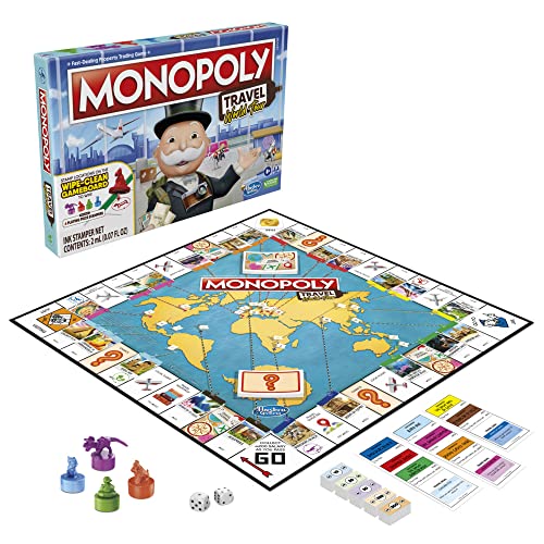 Hasbro Gaming Monopoly Travel World Tour Board Game for Families and Kids Ages 8+, Includes Token Stampers and Dry-Erase Gameboard