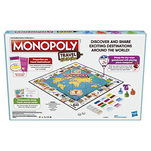 Hasbro Gaming Monopoly Travel World Tour Board Game for Families and Kids Ages 8+, Includes Token Stampers and Dry-Erase Gameboard