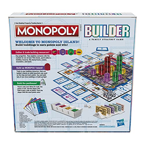 Monopoly Builder Board Game for Kids and Adults, Strategy Games, Family Board Games, for Kids 8 and Up, 2-4 Players