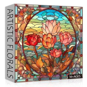 PICKFORU Stained Glass Flower Puzzles for Adults 1000 Pieces, Vintage Art Puzzles Floral, Impossible Hard Challenging for Adults