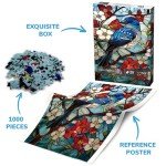 Stained Glass Bird Puzzle for Adult 1000 Piece, Flower Animal Art Jigsaw Puzzle, Nature Leaf Mosaic Puzzle