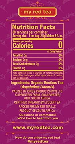 Rooibos Tea, USDA Certified Organic Tea, MY RED TEA. Tagless South African, 100% Pure, Single Origin, Natural, Farmer Friendly, GMO and Caffeine Free (80) from My Red Tea