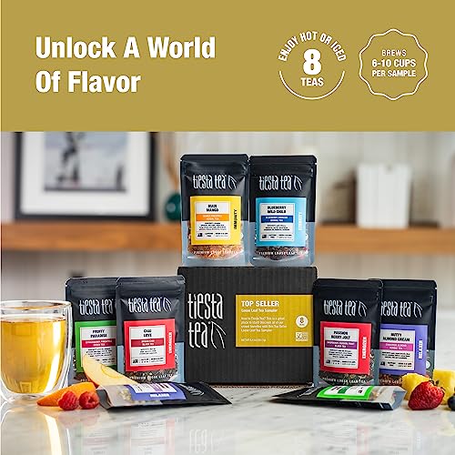 Tiesta Tea Tiesta's Top 8 Favorites Tea Sampler Dry Flight Set - High to No Caffeine, Hot & Iced Tea, Loose Leaf Tea Variety Pack with Green, Herbal, Black & Chai Tea, 8 Sample Pouches by Tiesta Tea