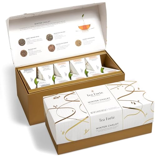Tea Forte Presentation Box Presentation Box Tea Sampler Gift Set, 20 Assorted Variety Handcrafted Pyramid Tea Infuser Bags (Warming Joy - White/Gold) from Tea Forte