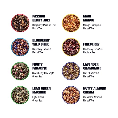 Tiesta Tea Tiesta's Top 8 Favorites Tea Sampler Dry Flight Set - High to No Caffeine, Hot & Iced Tea, Loose Leaf Tea Variety Pack with Green, Herbal, Black & Chai Tea, 8 Sample Pouches by Tiesta Tea