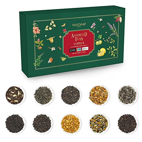 VAHDAM, Assorted Loose Leaf Tea Sampler - 10 TEAS, 50 SERVINGS - Black Tea, Green Tea, Oolong Tea, Chai Tea, White Tea | Tea Variety Pack | Christmas Gifts for Everyone | Holiday Tea Gift by VAHDAM