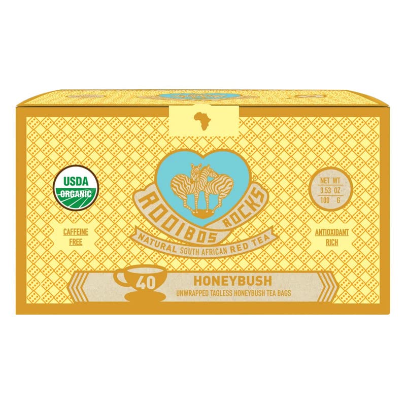 Rooibos Rocks Honeybush Tea Bags - 40 USDA Organic Naturally Caffeine-Free South African Mountain Honeybush Herbal Tagless Teabags. Feel the Goodness and boost your immuni-TEA by Trading Queen Inc