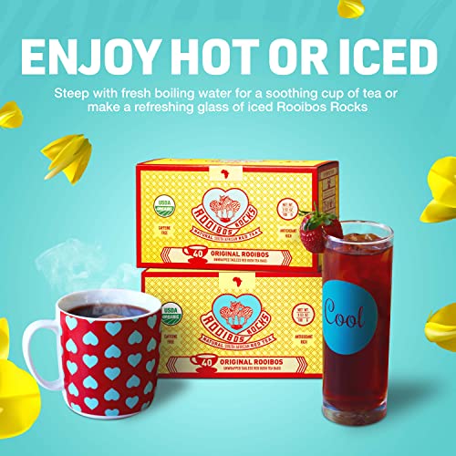 Rooibos Rocks Rooibos Tea Bags - 40 USDA Organic Naturally Caffeine-Free South African Original Red Bush Herbal Tagless Teabags - Feel the Goodness, Keep Calm and boost your immuni-TEA by Trading Queen Inc.