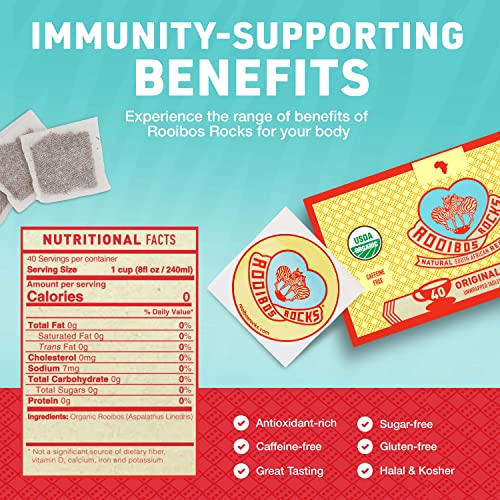 Rooibos Rocks Rooibos Tea Bags - 40 USDA Organic Naturally Caffeine-Free South African Original Red Bush Herbal Tagless Teabags - Feel the Goodness, Keep Calm and boost your immuni-TEA by Trading Queen Inc.
