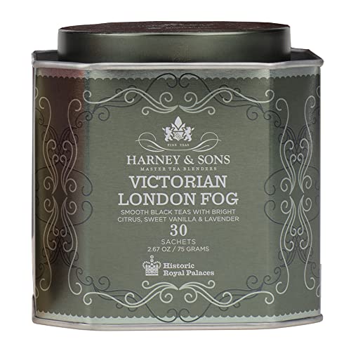 Harney & Sons Victorian London Fog | Black Tea w/ Bergamot Oil, Lavender, and Vanilla, Grey, Tin of 30 Sachets by Harney & Sons